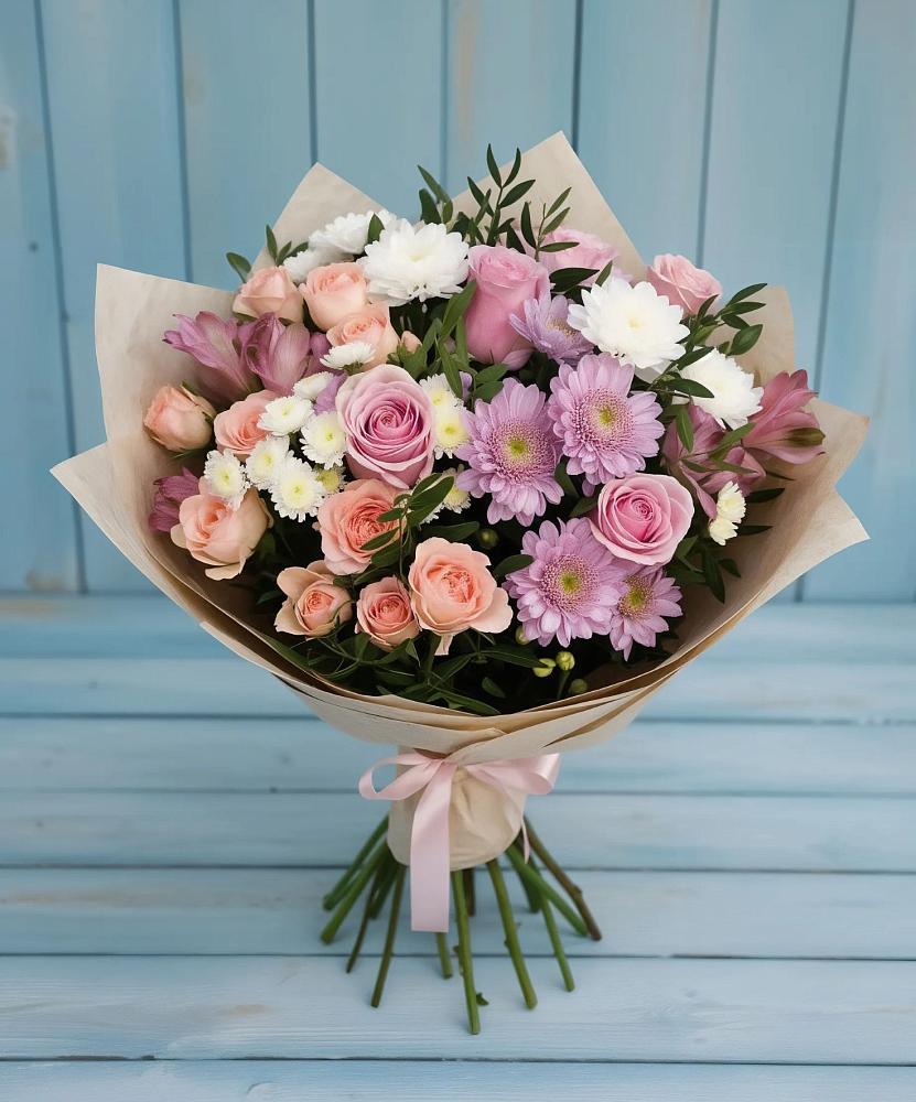 Букет цветов из: Хризантемы, Розы и Альстромерии в Камышеватской