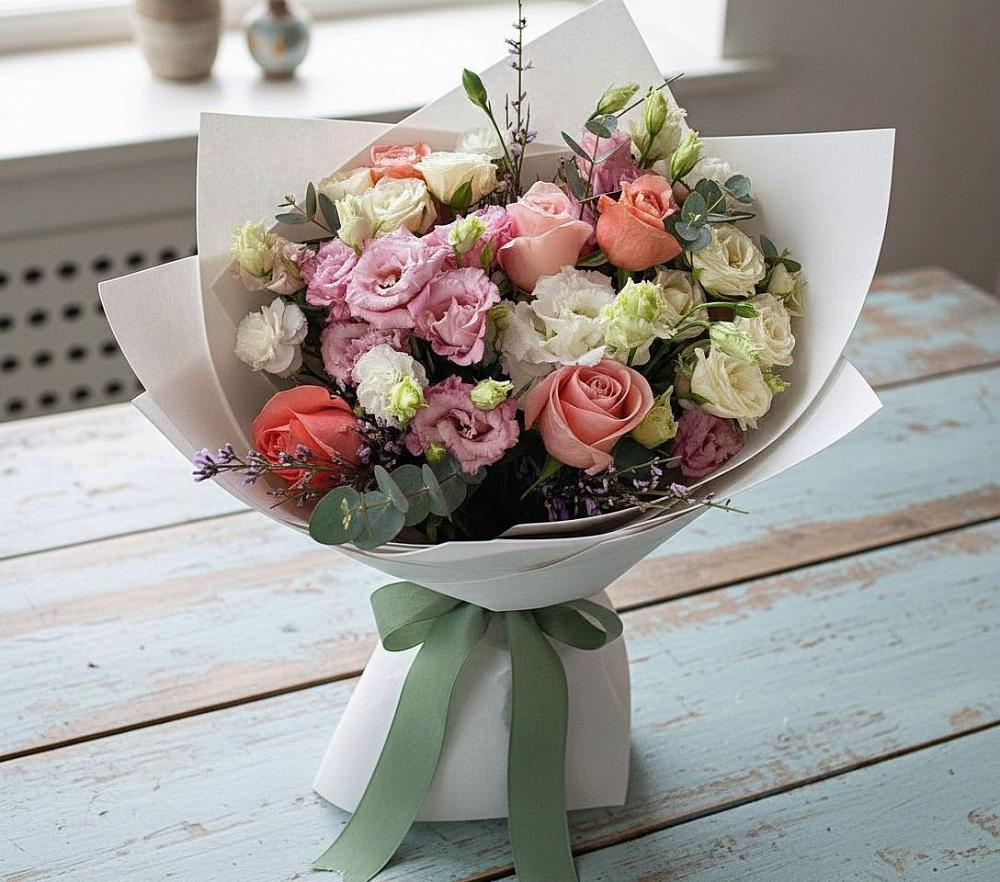 Букет цветов из: Розы, Лизиантусы и Гвоздики в Камышеватской