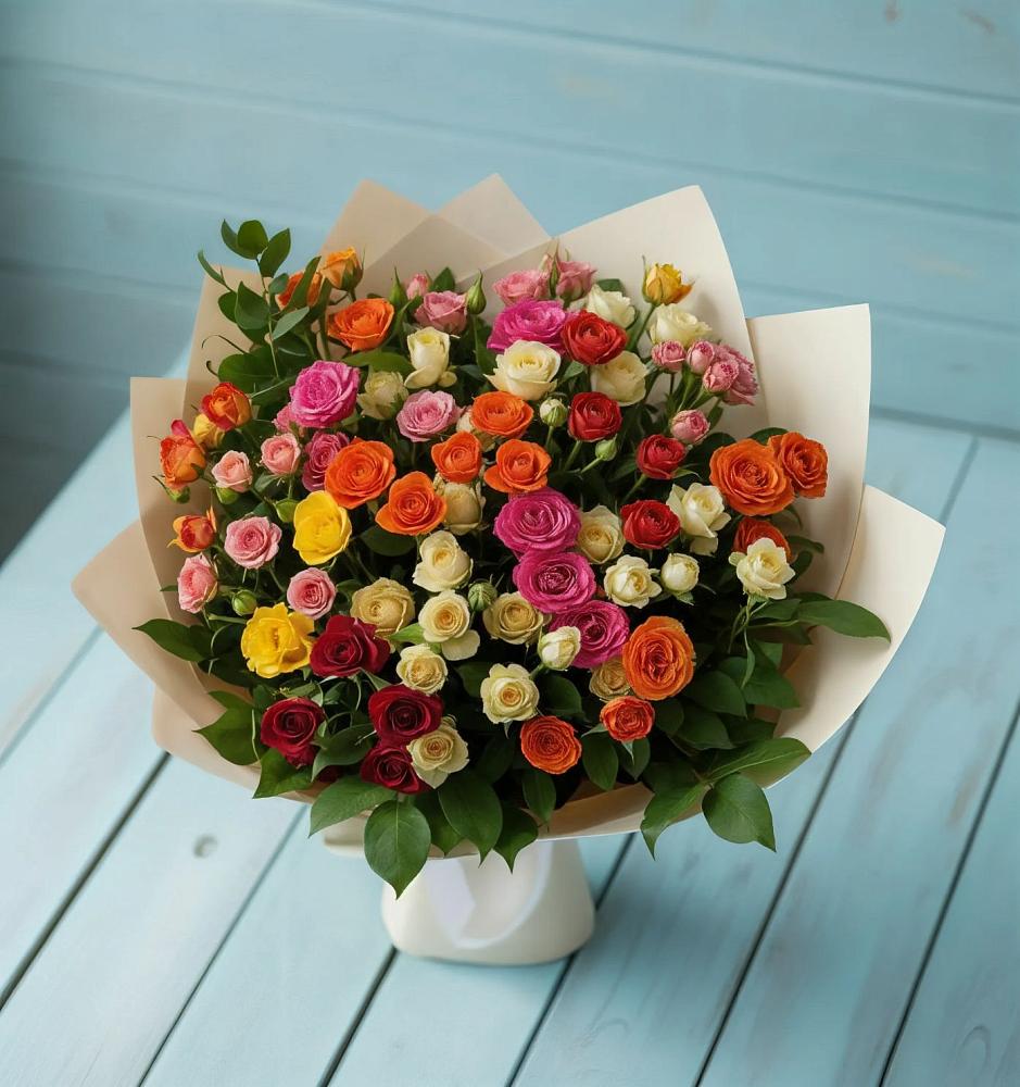 Букет Микс из разноцветных кустовых роз в Камышеватской