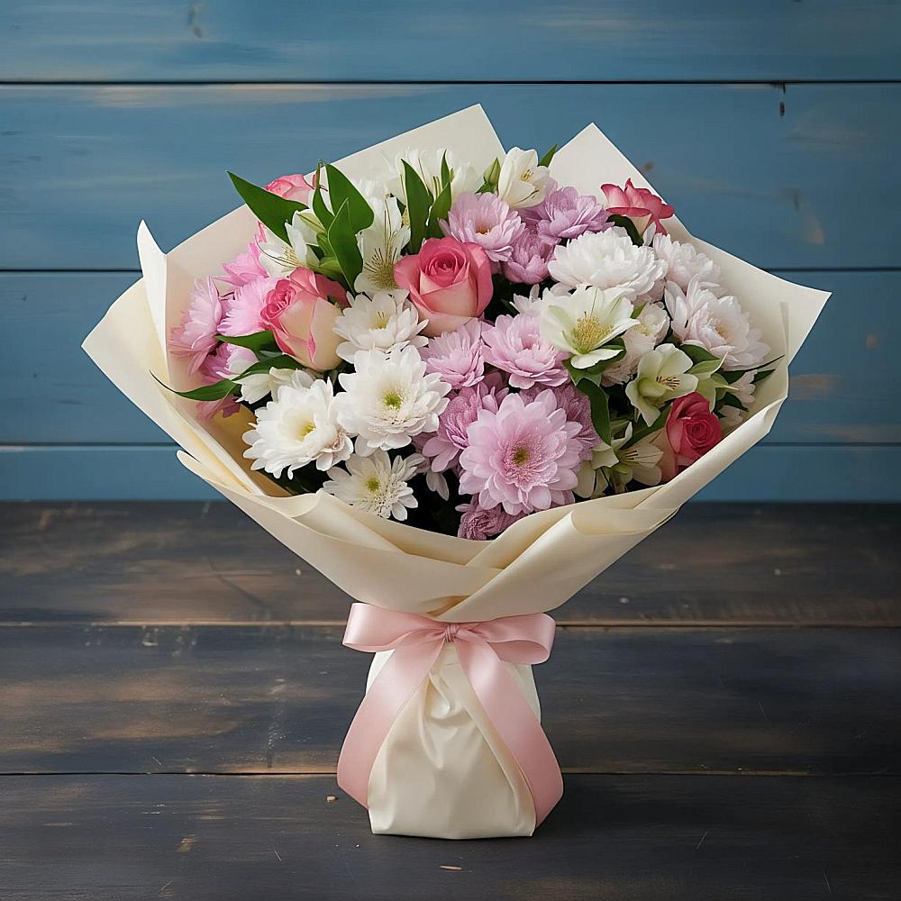 Букет цветов из: Хризантемы, Альстромерии и Розы в Камышеватской